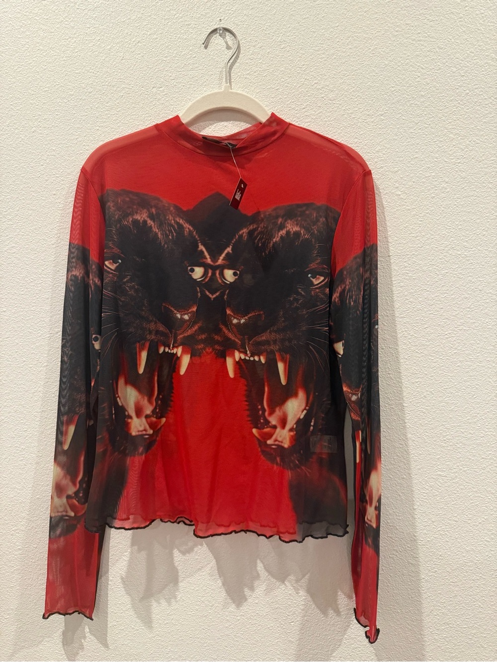 Lala Red Panther Print Sheer Long-Sleeve Top